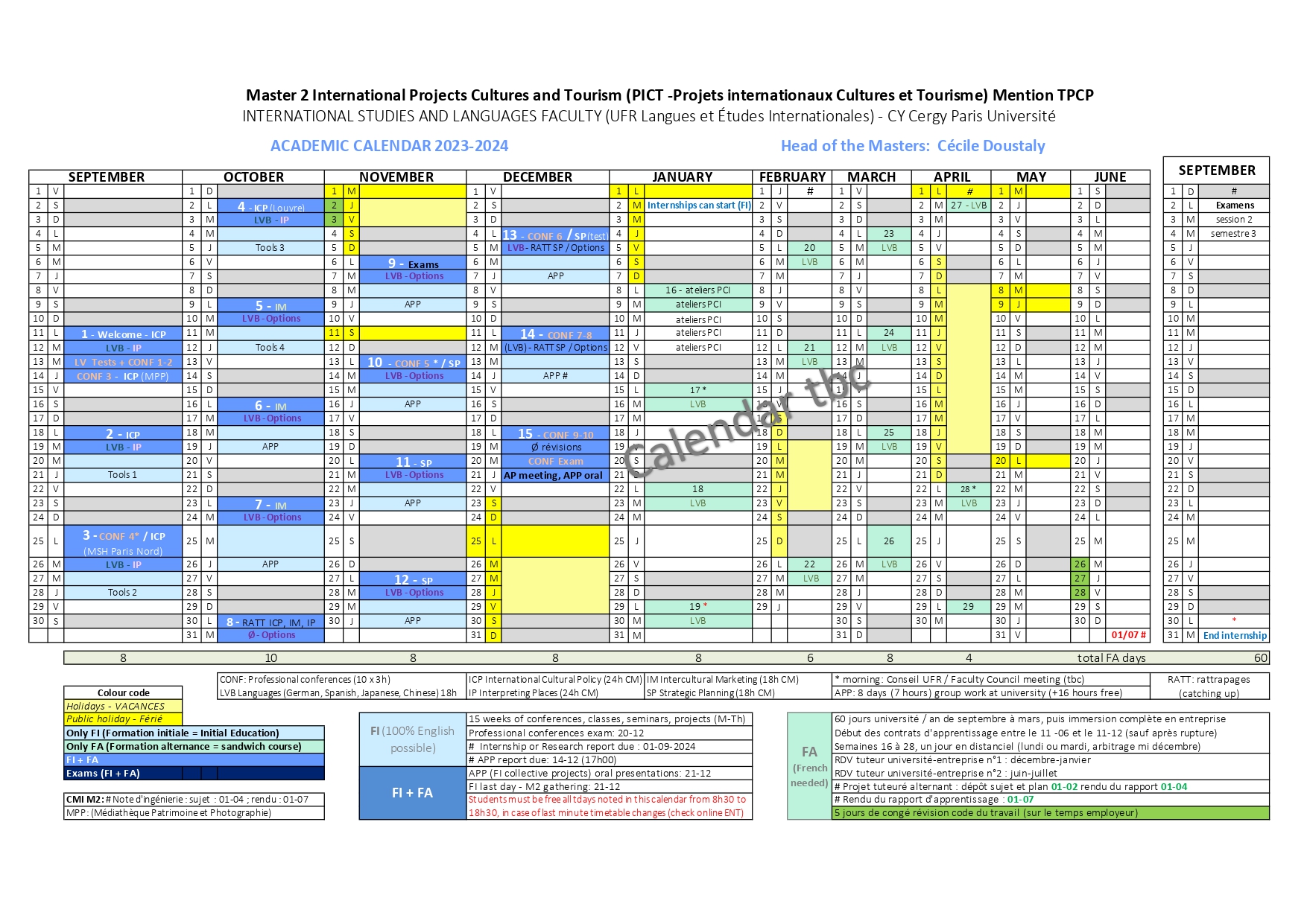 Calendrier Master 2 PICT - 2023/2024