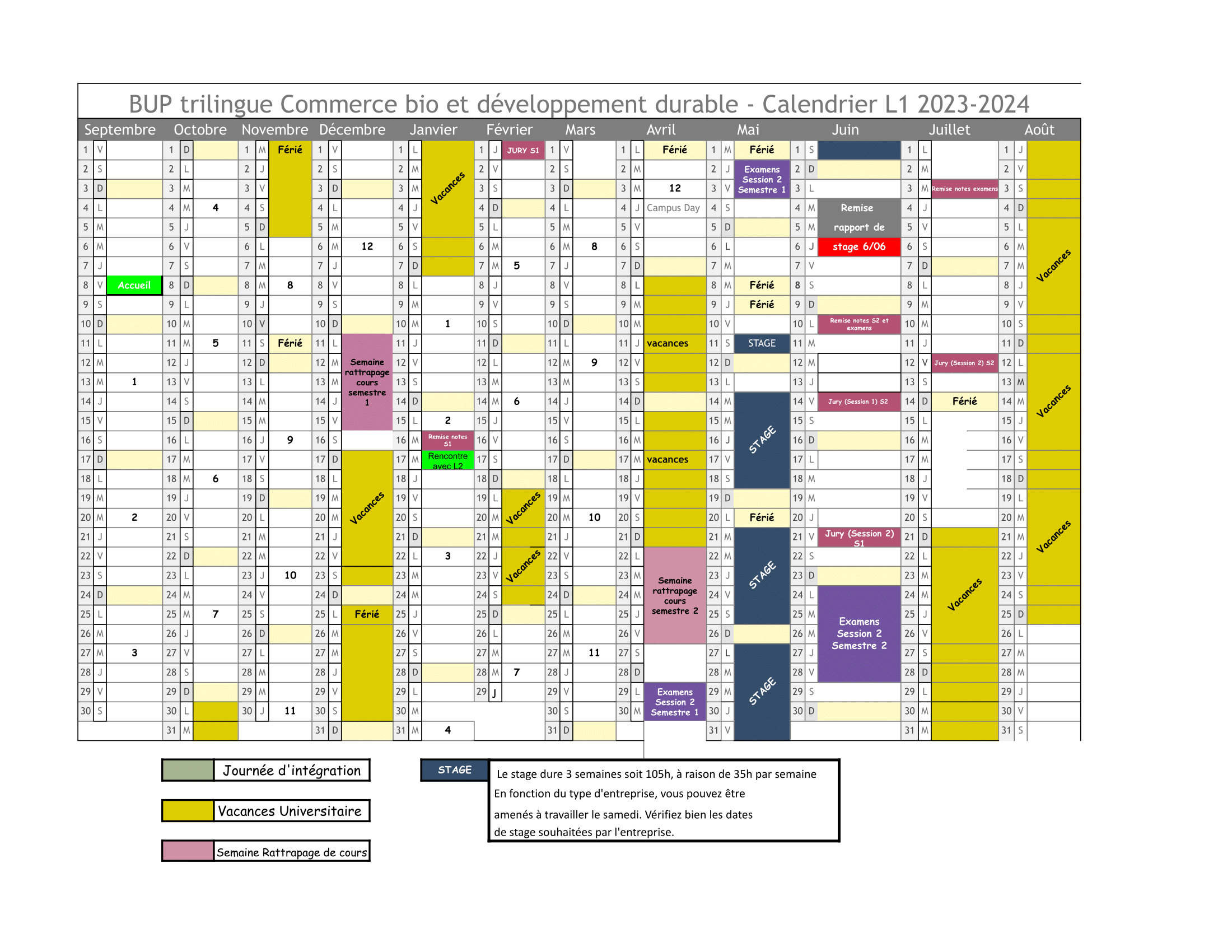 Calendrier BUP Trilingue L1 - 2023/2024