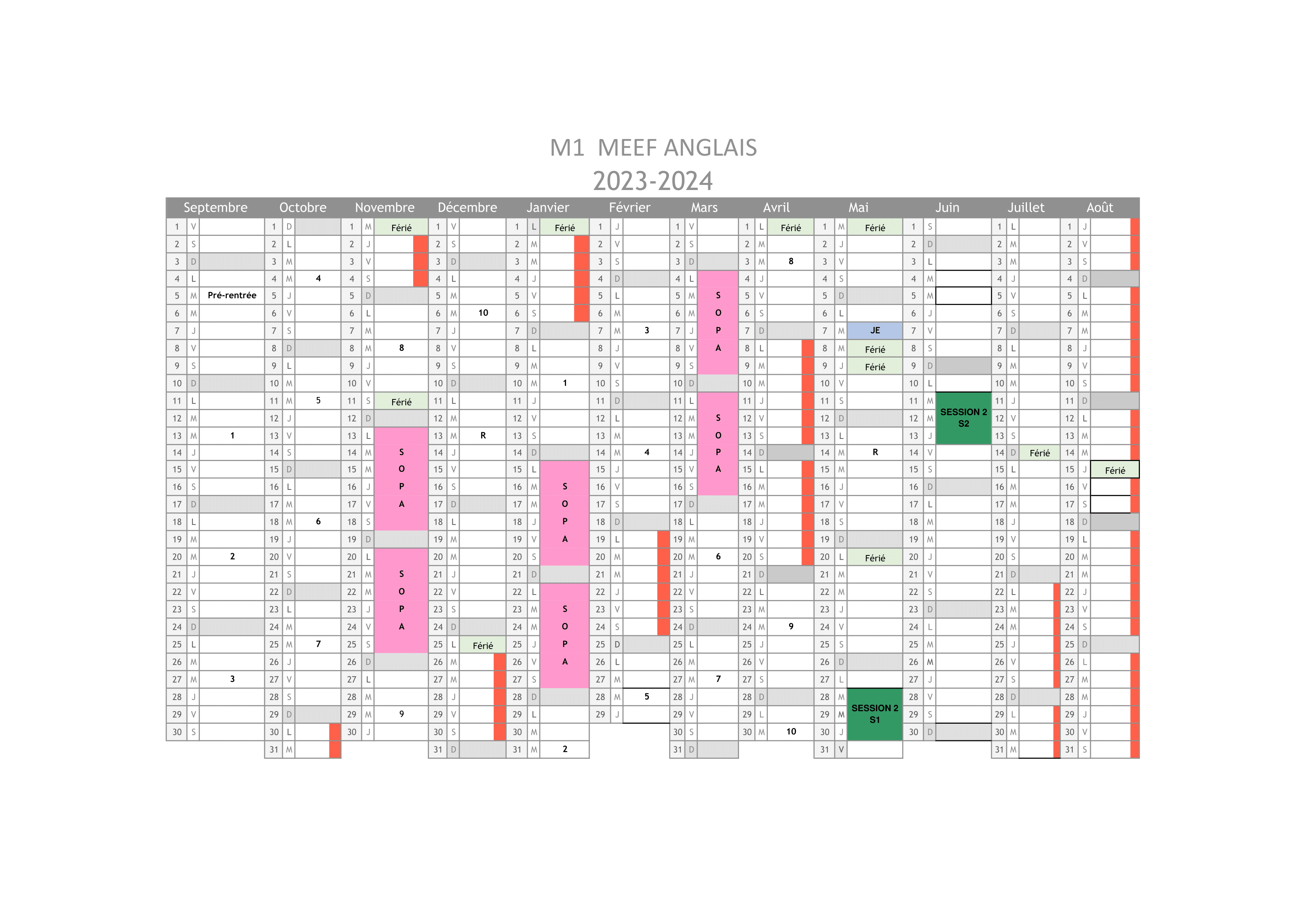 Calendrier Master 1 MEEF Anglais - 2023/2024