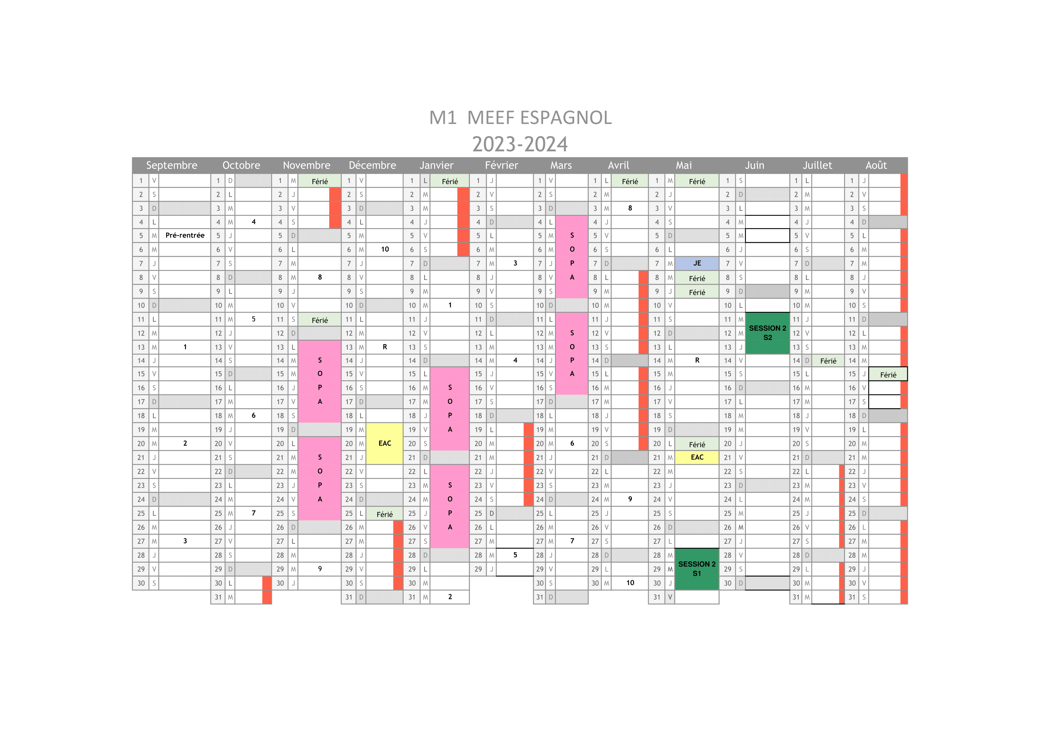 Calendrier Master 1 MEEF Espagnol - 2023/2024