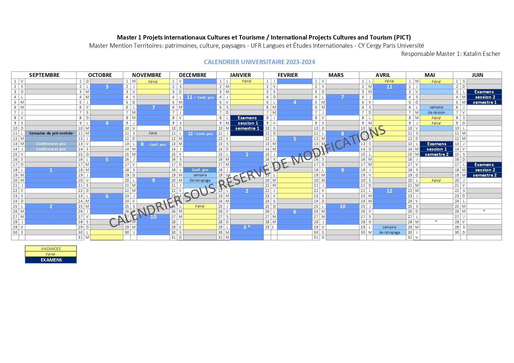 Calendrier Master 1 PICT - 2023/2024