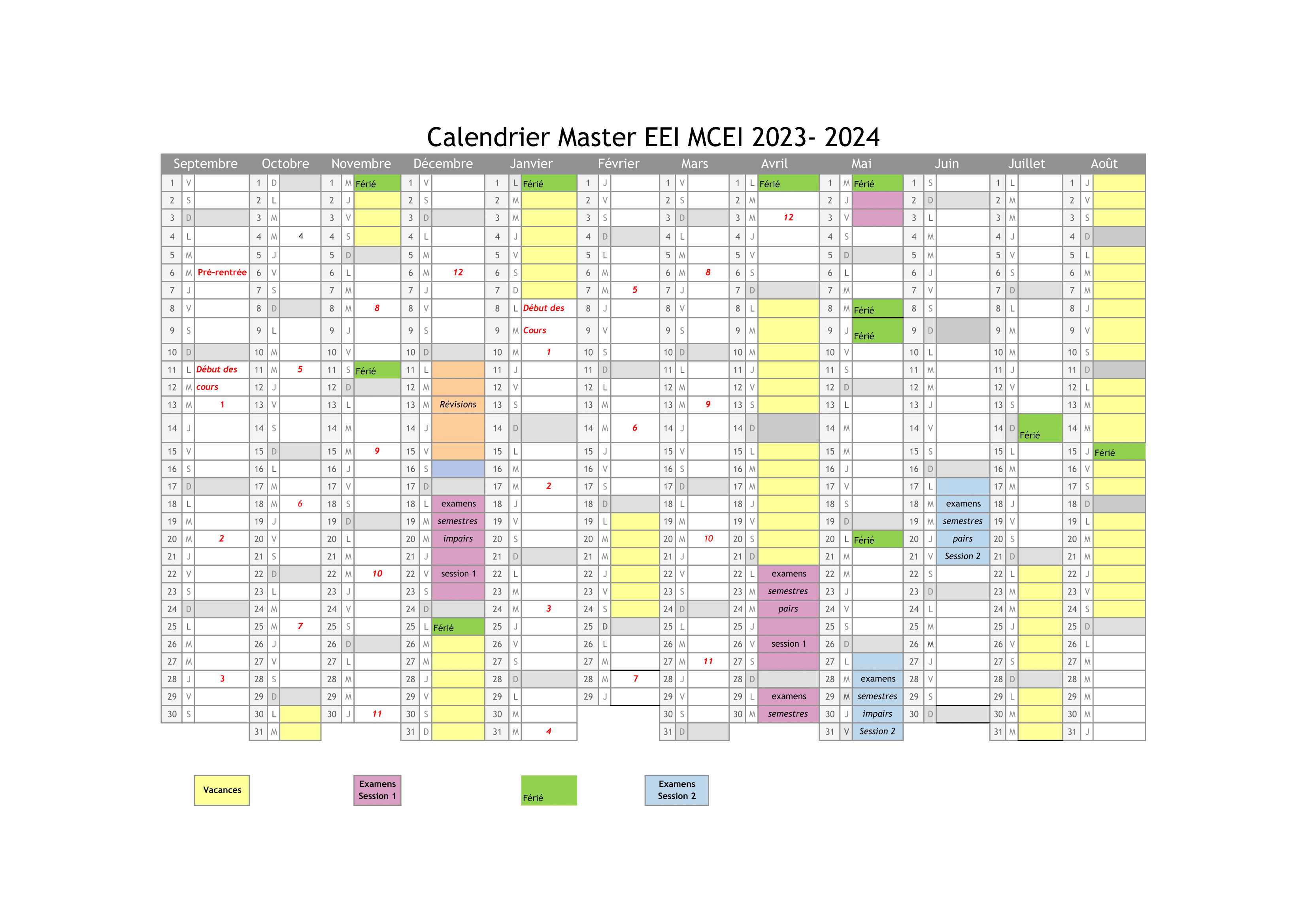 Calendrier Master EEI - 2023/2024