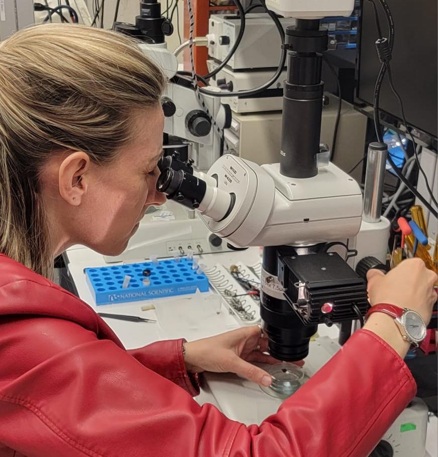 Mary de Feudis examine un échantillon de nanodiamant au microscope.
