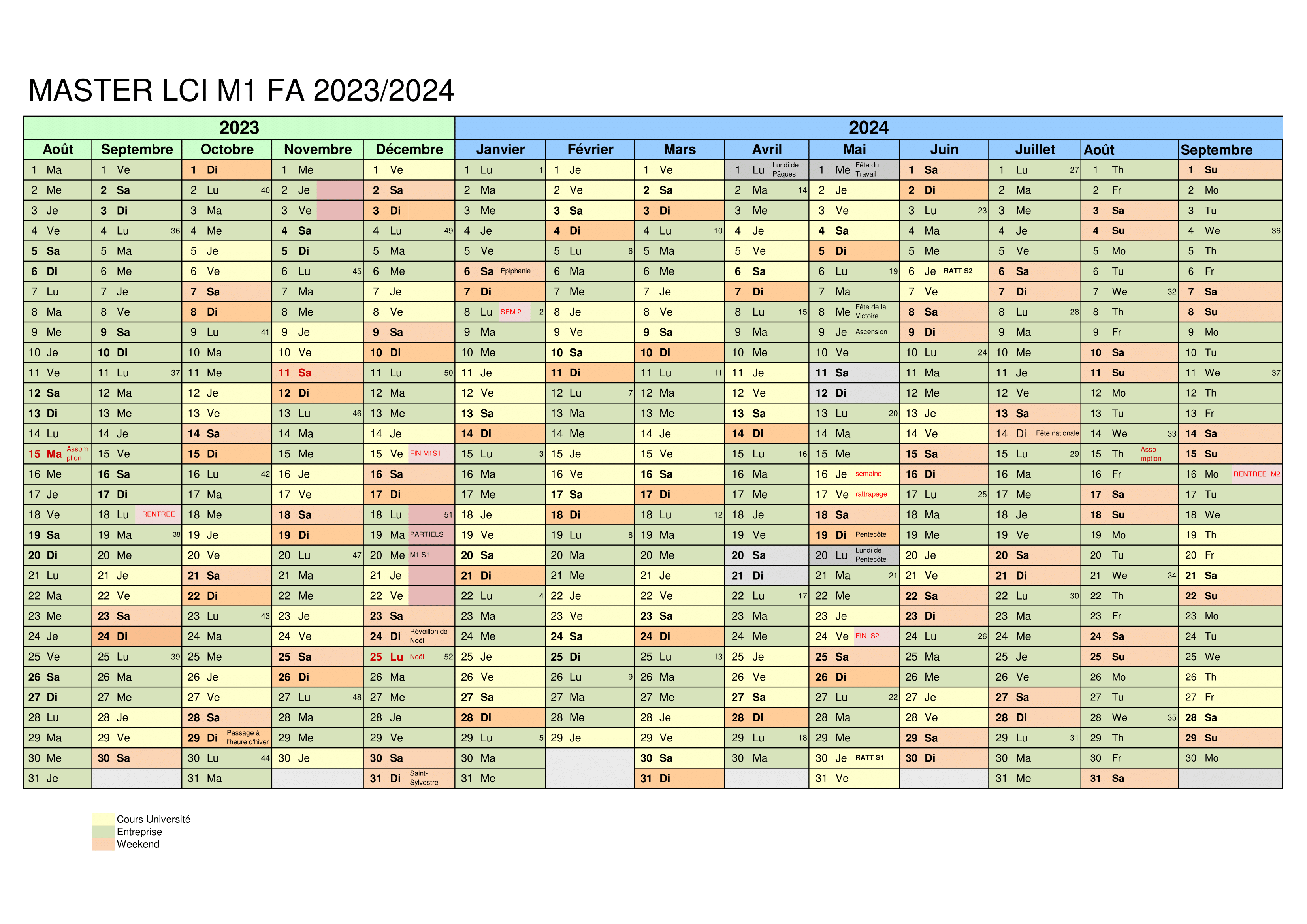 Calendrier Master LCI FA - 2023/2024