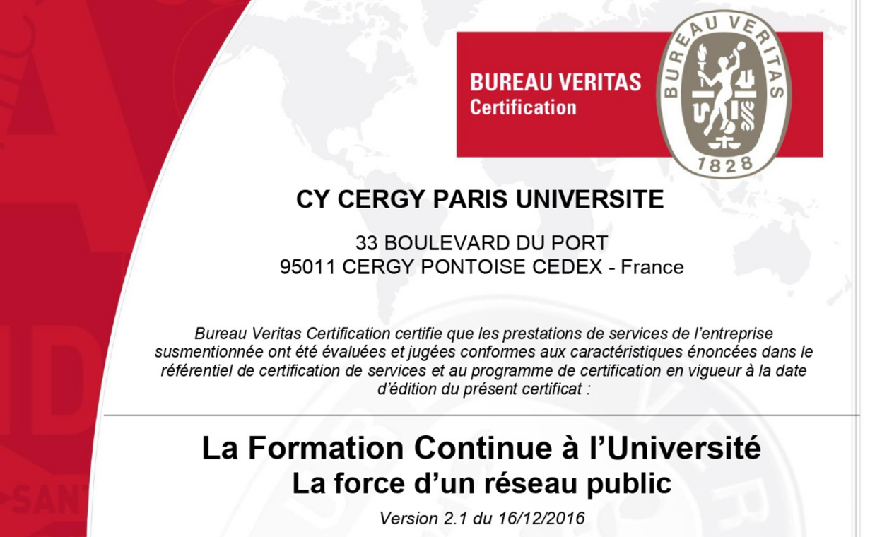 [CERTIFICATION] Renouvellement de la certification qualité de services Formation Continue à l’Université pour CY Cergy Paris Université
