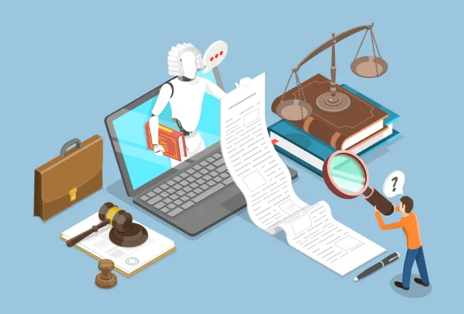 Un homme miniature examine à l'aide d'une loupe un long texte déroulé par un robot sortant d'un ordinateur et portant une perruque de juge.