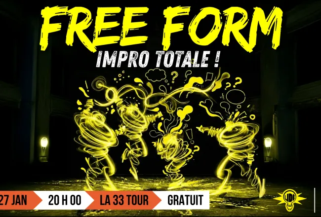 Photo de mouvement fluide en jaune sur fond noir ; titre FREE FORM en jaune et en sous-titre "impro totale"