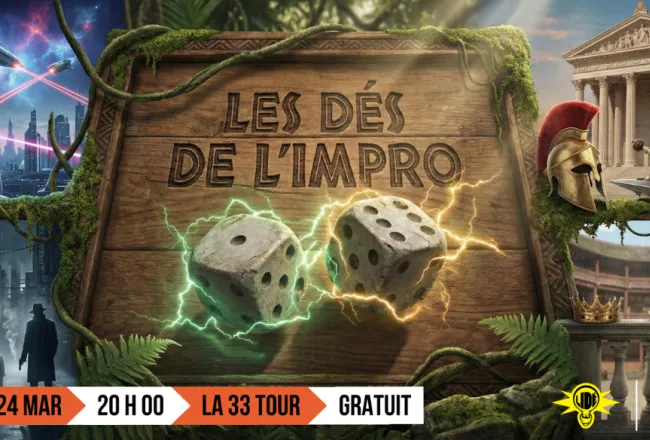 Image avec un boite en bois où il y a écrit "Les dés de l'impro". Des dés sortent de cette boite. 