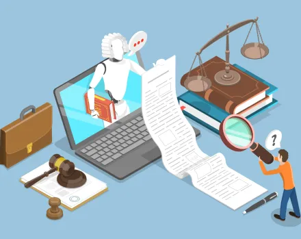 Un homme miniature examine à l'aide d'une loupe un long texte déroulé par un robot sortant d'un ordinateur et portant une perruque de juge.