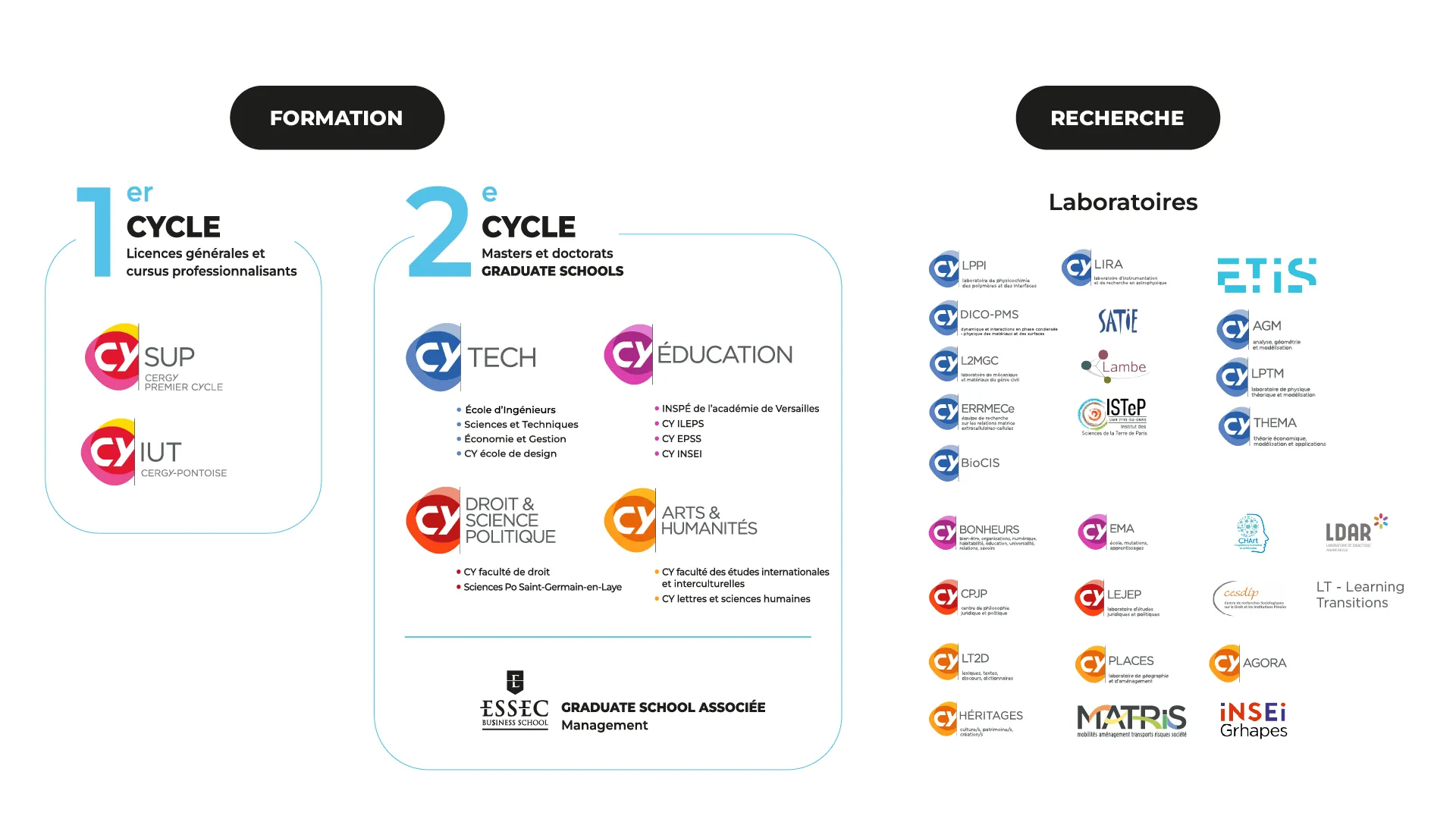Schéma des licences, graduates school, écoles composantes et laboratoires de l'université